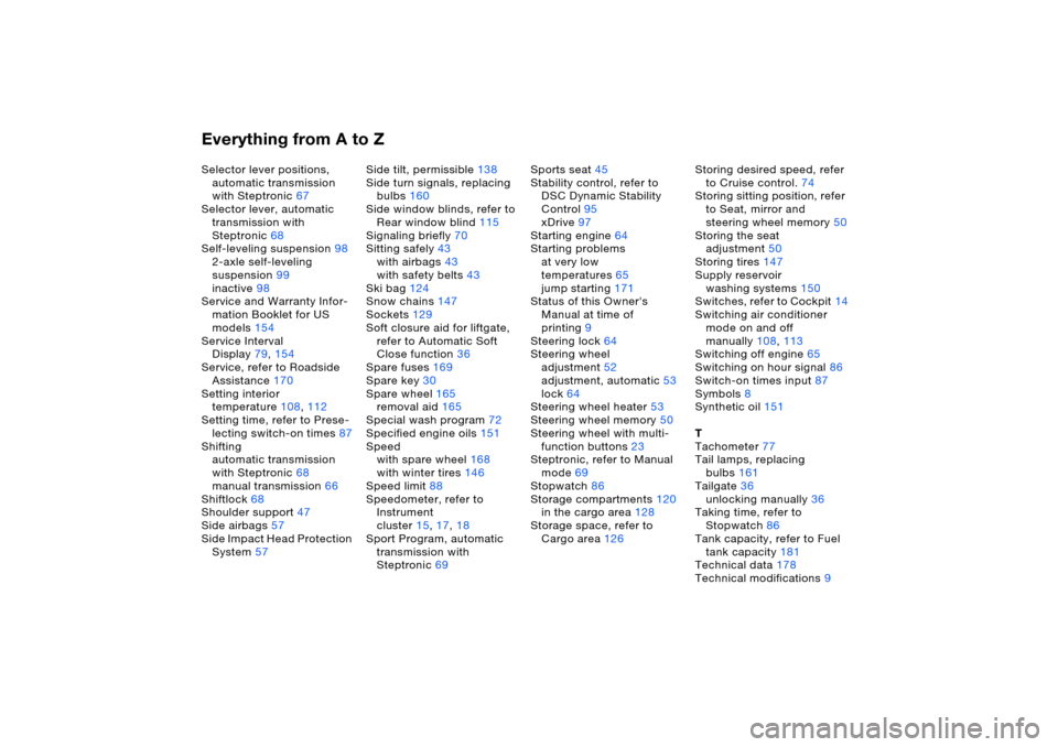 BMW X5 4.4I 2005 E53 User Guide Everything from A to ZSelector lever positions, 
automatic transmission 
with Steptronic67
Selector lever, automatic 
transmission with 
Steptronic68
Self-leveling suspension98
2-axle self-leveling 
s