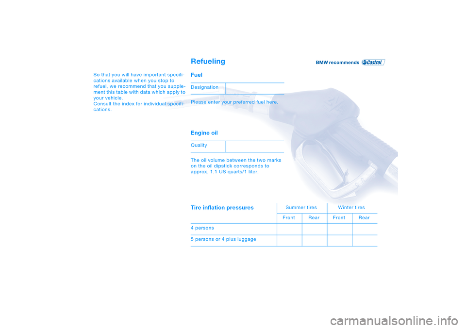 BMW X5 4.8IS 2005 E53 Owners Manual So that you will have important specifi-
cations available when you stop to
refuel, we recommend that you supple-
ment this table with data which apply to
your vehicle.
Consult the index for indivi BMW X5 4.8IS 2005 E53 Owners Manual So that you will have important specifi-
cations available when you stop to
refuel, we recommend that you supple-
ment this table with data which apply to
your vehicle.
Consult the index for indivi