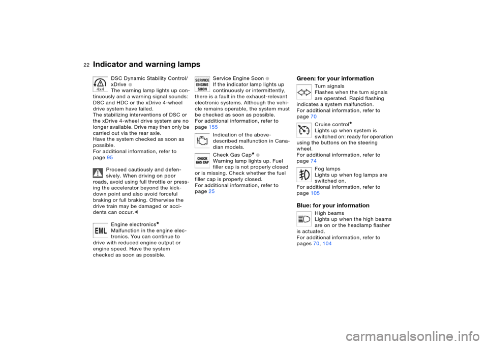 BMW X5 4.4I 2005 E53 Owners Manual 22n
Indicator and warning lamps 
DSC Dynamic Stability Control/
xDrive
 + 
The warning lamp lights up con-
tinuously and a warning signal sounds:
DSC and HDC or the xDrive 4-wheel 
drive system have f