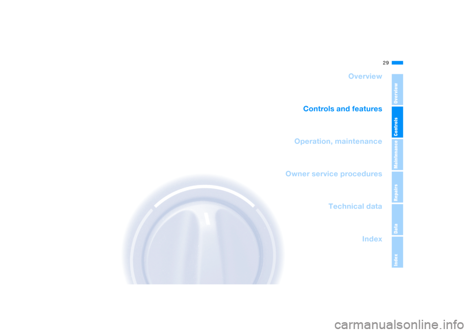 BMW X5 4.4I 2005 E53 User Guide 29n
OverviewControlsMaintenanceRepairsDataIndex
Overview
Controls and features
Operation, maintenance
Index Technical data
Controls
Owner service procedures 