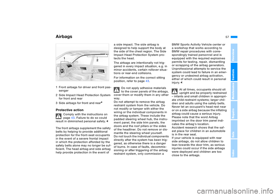 BMW X5 4.4I 2005 E53 Owners Manual 57n
OverviewControlsMaintenanceRepairsDataIndex
Airbags1 Front airbags for driver and front pas-
senger 
2 Side Impact Head Protection System 
for front and rear
3 Side airbags for front and rear
* 
P