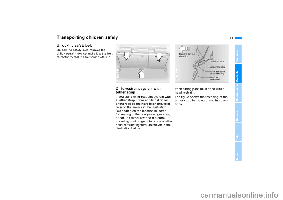 BMW X5 4.4I 2005 E53 Owners Manual 61n
OverviewControlsMaintenanceRepairsDataIndex
Transporting children safelyUnlocking safety belt Unlock the safety belt, remove the 
child-restraint device and allow the belt 
retractor to reel the b