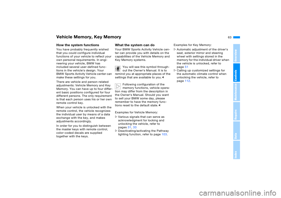 BMW X5 4.4I 2005 E53 Owners Guide 63n
OverviewControlsMaintenanceRepairsDataIndex
Vehicle Memory, Key Memory How the system functions You have probably frequently wished 
that you could configure individual 
functions of your vehicle 