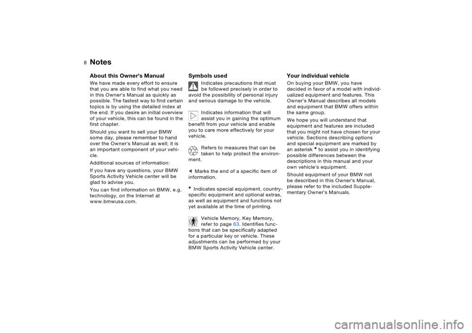 BMW X5 4.4I 2005 E53 Owners Manual 8n
About this Owners ManualWe have made every effort to ensure 
that you are able to find what you need 
in this Owners Manual as quickly as 
possible. The fastest way to find certain 
topics is by 