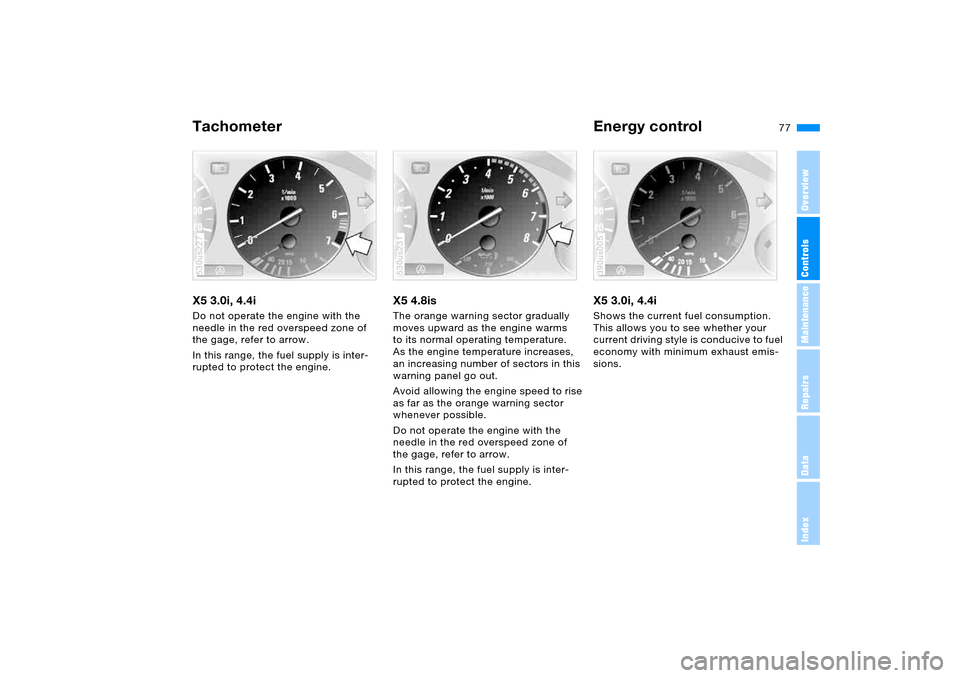 BMW X5 4.4I 2005 E53 Service Manual 77n
OverviewControlsMaintenanceRepairsDataIndex
Tachometer Energy control X5 3.0i, 4.4i Do not operate the engine with the 
needle in the red overspeed zone of 
the gage, refer to arrow. 
In this rang
