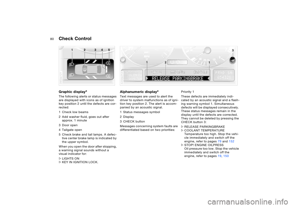 BMW X5 3.0I 2005 E53 Owners Manual 80n
Check Control Graphic display
* 
The following alerts or status messages 
are displayed with icons as of ignition 
key position 2 until the defects are cor-
rected: 
1 Check low beams 
2 Add washe