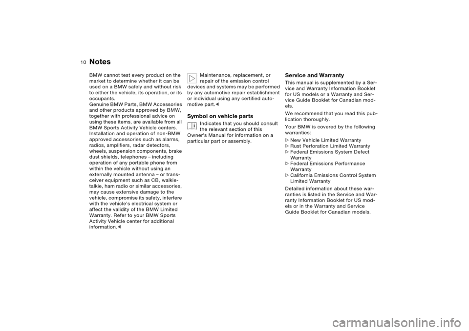 BMW X5 4.8IS 2005 E53 Owners Manual 10n
NotesBMW cannot test every product on the
market to determine whether it can be
used on a BMW safely and without risk
to either the vehicle, its operation, or its
occupants.
Genuine BMW Parts, BMW X5 4.8IS 2005 E53 Owners Manual 10n
NotesBMW cannot test every product on the
market to determine whether it can be
used on a BMW safely and without risk
to either the vehicle, its operation, or its
occupants.
Genuine BMW Parts,