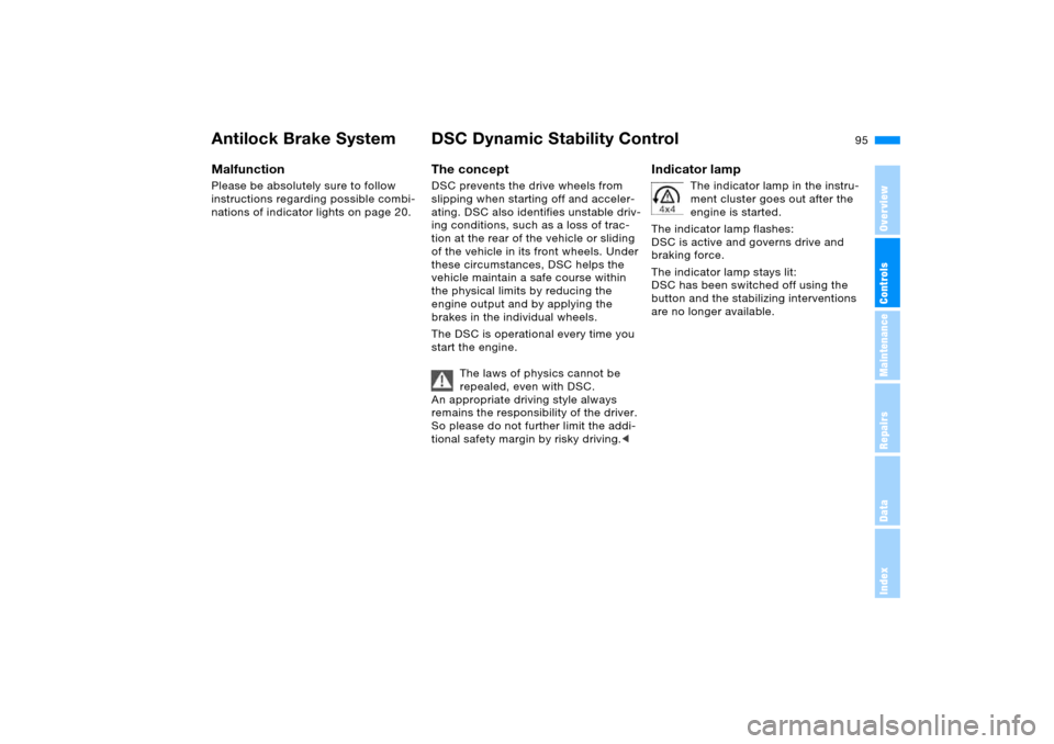BMW X5 4.4I 2005 E53 Service Manual 95n
OverviewControlsMaintenanceRepairsDataIndex
Antilock Brake System DSC Dynamic Stability Control MalfunctionPlease be absolutely sure to follow 
instructions regarding possible combi-
nations of in