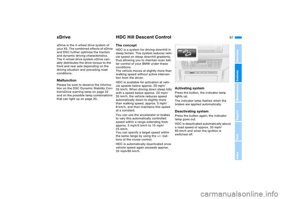 BMW X5 4.4I 2005 E53 Owners Manual 97n
OverviewControlsMaintenanceRepairsDataIndex
xDrive HDC Hill Descent Control xDrive is the 4-wheel drive system of 
your X5. The combined effects of xDrive 
and DSC further optimize the traction 
a