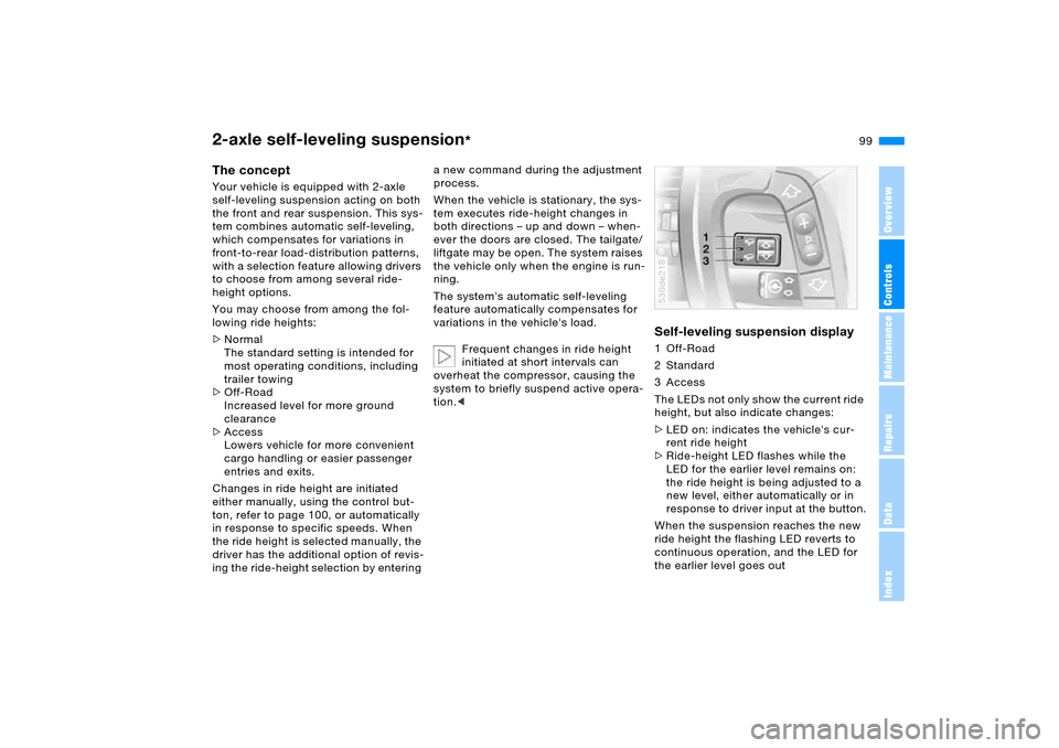 BMW X5 4.4I 2005 E53 Owners Manual 99n
OverviewControlsMaintenanceRepairsDataIndex
2-axle self-leveling suspension
*
The concept Your vehicle is equipped with 2-axle 
self-leveling suspension acting on both 
the front and rear suspensi