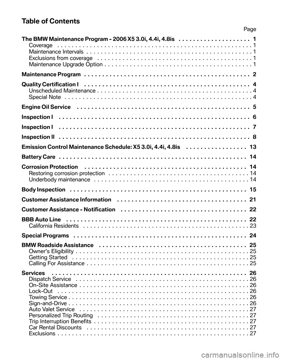 BMW X5 2006 E53 Service and warranty information Table of Contents
Page 
The BMW Maintenance Program - 2006 X5 3.0i, 4.4i, 4.8is . . . .  ................ 1 
Coverage ......................................................1
Maintenance Intervals  ...