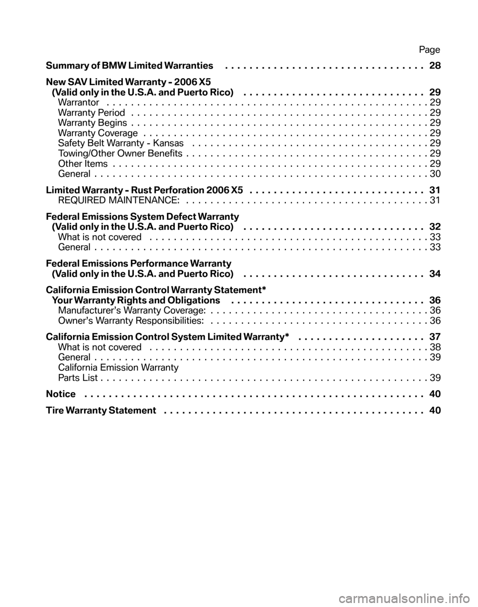 BMW X5 2006 E53 Service and warranty information Summary of BMW Limited Warranties................................. 28 
New SAV Limited Warranty - 2006 X5  (Valid only in the U.S.A. and Puerto Rico)  .............................. 29 
Warrantor ....