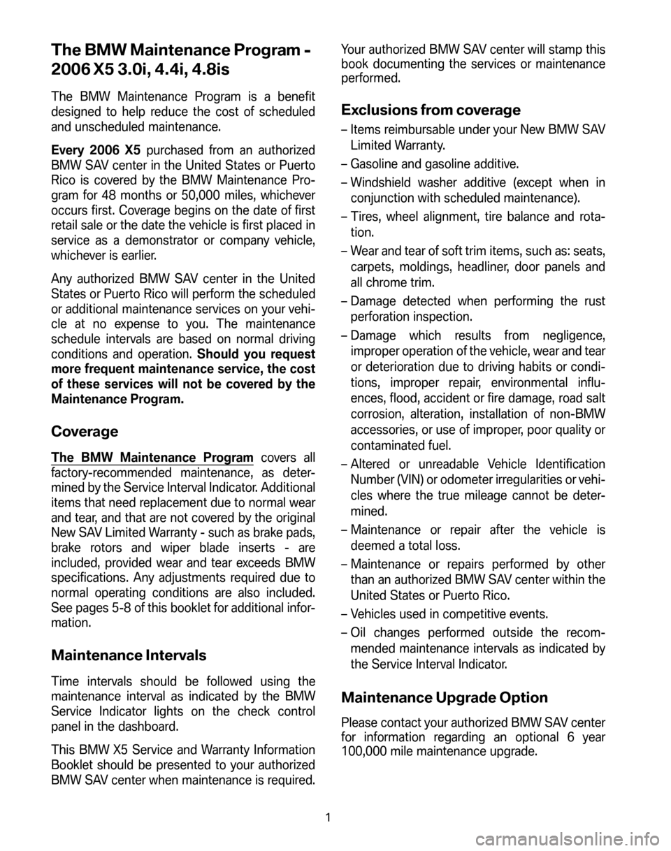 BMW X5 2006 E53 Service and warranty information The BMW Maintenance Program - 
2006 X5 3.0i, 4.4i, 4.8is
The BMW Maintenance Program is a benefit 
designed to help reduce the cost of scheduled
and unscheduled maintenance. 
Every 2006 X5 purchased f