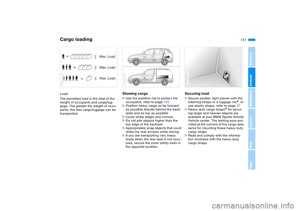 BMW X5 4.8IS 2006 E53 Owners Manual 131n
OverviewControlsMaintenanceRepairsDataIndex
Cargo loadingLoad:
The permitted load is the total of the
weight of occupants and cargo/lug-
gage. The greater the weight of occu-
pants, the less car BMW X5 4.8IS 2006 E53 Owners Manual 131n
OverviewControlsMaintenanceRepairsDataIndex
Cargo loadingLoad:
The permitted load is the total of the
weight of occupants and cargo/lug-
gage. The greater the weight of occu-
pants, the less car