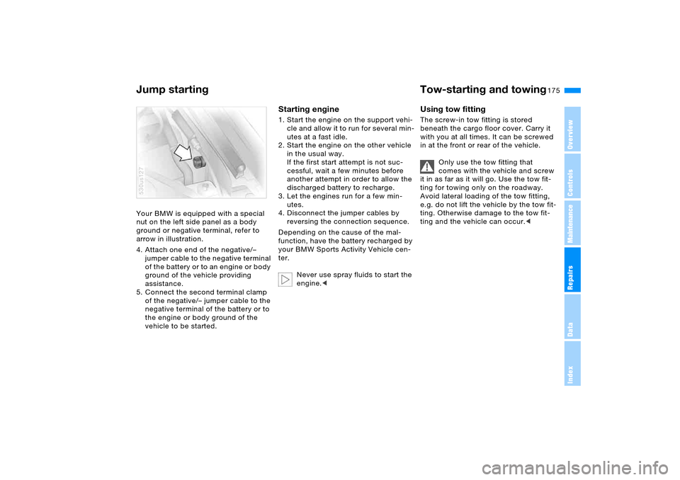 BMW X5 3.0I 2006 E53 Owners Manual 175n
OverviewControlsMaintenanceRepairsDataIndex
Jump starting  Tow-starting and towing Your BMW is equipped with a special 
nut on the left side panel as a body 
ground or negative terminal, refer to