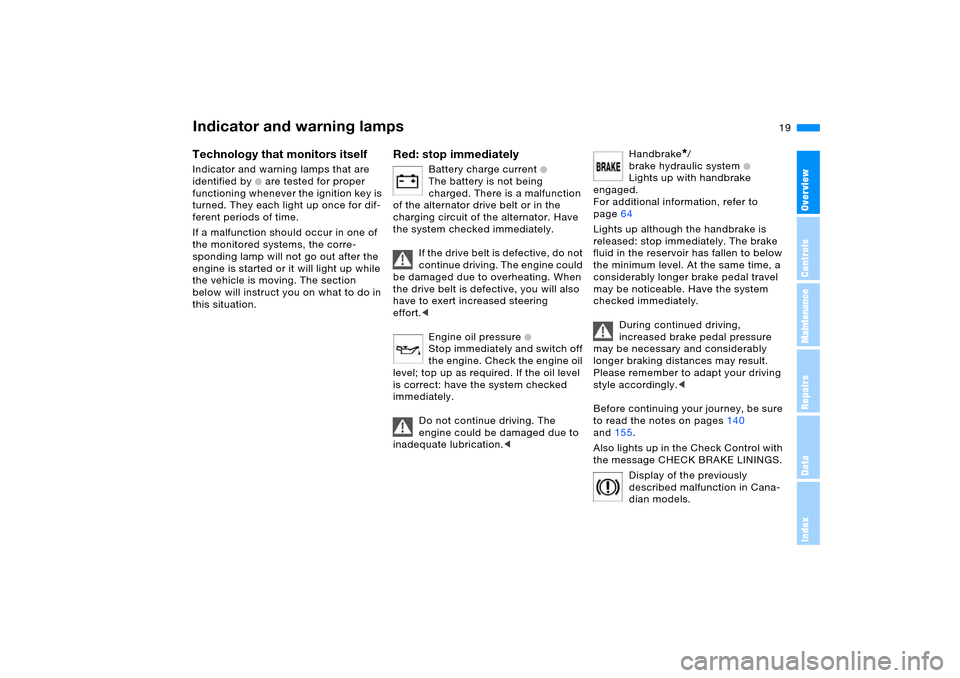 BMW X5 3.0I 2006 E53 Owners Manual 19n
OverviewControlsMaintenanceRepairsDataIndex
Indicator and warning lamps Technology that monitors itself Indicator and warning lamps that are 
identified by 
+ are tested for proper 
functioning wh