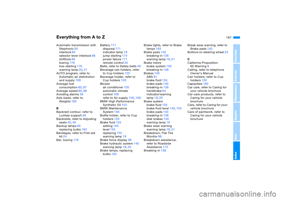 BMW X5 4.4I 2006 E53 User Guide Everything from A to Z
187n
OverviewControlsMaintenanceRepairsDataIndex
Automatic transmission with 
Steptronic65
interlock62
selector lever interlock66
shiftlock66
towing176
tow-starting176
warning l