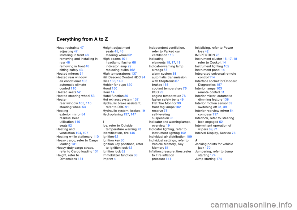 BMW X5 3.0I 2006 E53 Service Manual Everything from A to ZHead restraints47
adjusting47
installing in front48
removing and installing in 
rear48
removing in front48
sitting safely43
Heated mirrors54
Heated rear window
air conditioner105