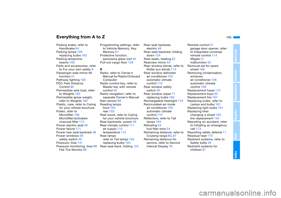 BMW X5 4.4I 2006 E53 User Guide Everything from A to Z
195n
OverviewControlsMaintenanceRepairsDataIndex
Parking brake, refer to 
Handbrake64
Parking lamps100
replacing bulbs162
Parking lamps/low 
beams100
Parts and accessories, refe