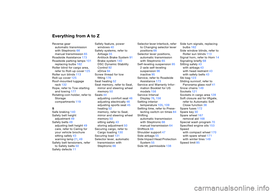 BMW X5 4.8IS 2006 E53 Owners Guide Everything from A to ZReverse gear
automatic transmission 
with Steptronic66
manual transmission65
Roadside Assistance173
Roadside parking lamps101
replacing bulbs162
Roller blind for cargo area, 
ref