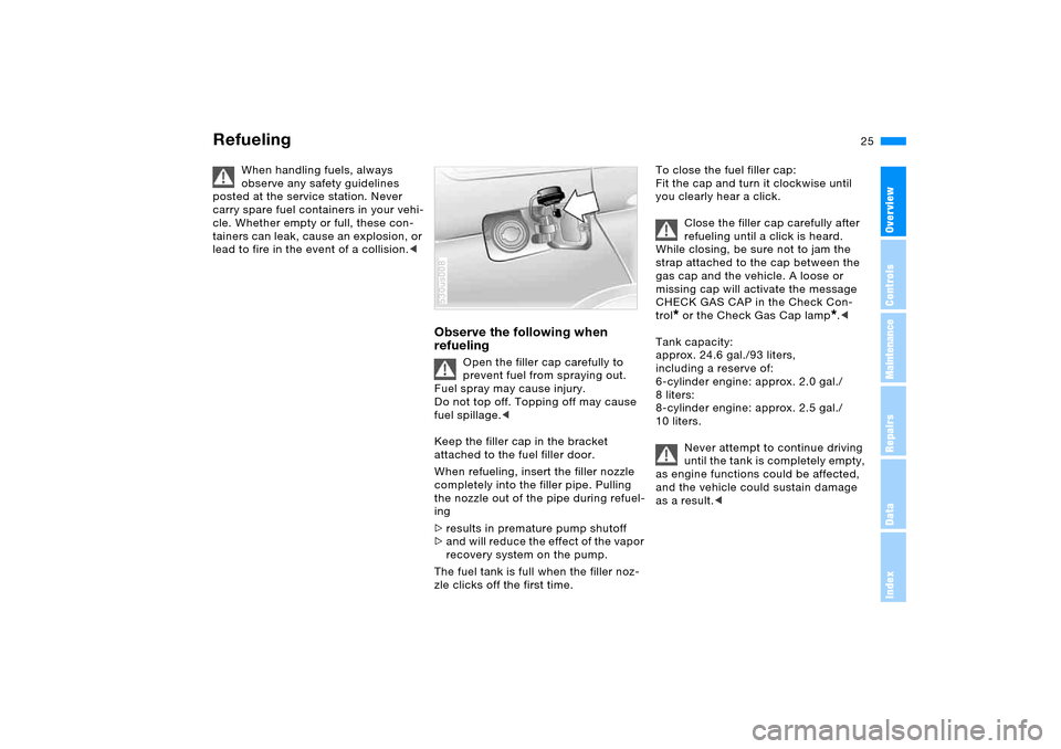 BMW X5 3.0I 2006 E53 Owners Manual 25n
OverviewControlsMaintenanceRepairsDataIndex
Refueling
When handling fuels, always 
observe any safety guidelines 
posted at the service station. Never 
carry spare fuel containers in your vehi-
cl