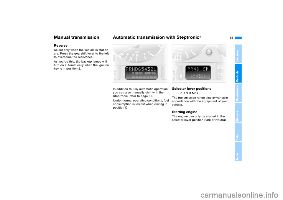 BMW X5 4.8IS 2006 E53 Owners Manual OverviewControlsMaintenanceRepairsDataIndex
65n
Manual transmission Automatic transmission with Steptronic
*
Reverse Select only when the vehicle is station-
ary. Press the gearshift lever to the left