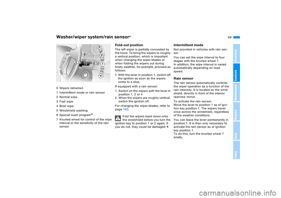 BMW X5 3.0I 2006 E53 Owners Manual OverviewControlsMaintenanceRepairsDataIndex
69n
Washer/wiper system/rain sensor
*
0 Wipers retracted 
1 Intermittent mode or rain sensor
2Normal wipe
3Fast wipe
4Brief wipe 
5 Windshield washing 
6 Sp