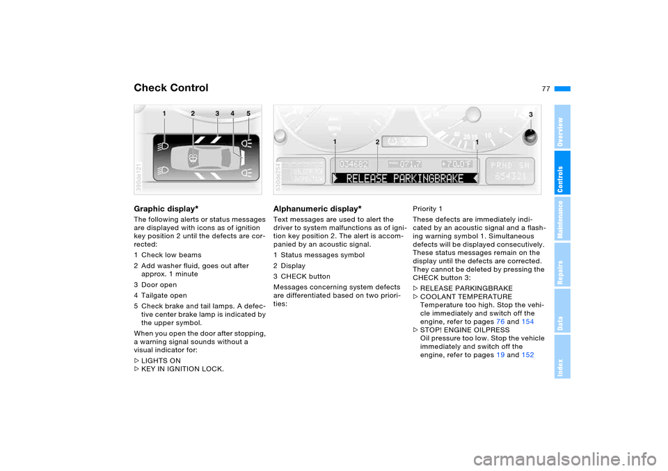 BMW X5 3.0I 2006 E53 Owners Manual 77n
OverviewControlsMaintenanceRepairsDataIndex
Check Control Graphic display
* 
The following alerts or status messages 
are displayed with icons as of ignition 
key position 2 until the defects are 
