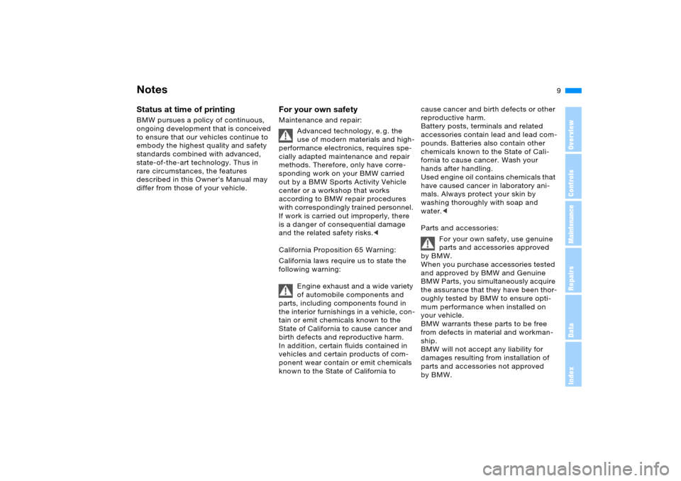 BMW X5 4.4I 2006 E53 Owners Manual 9n
OverviewControlsMaintenanceRepairsDataIndex
Status at time of printing BMW pursues a policy of continuous, 
ongoing development that is conceived 
to ensure that our vehicles continue to 
embody th