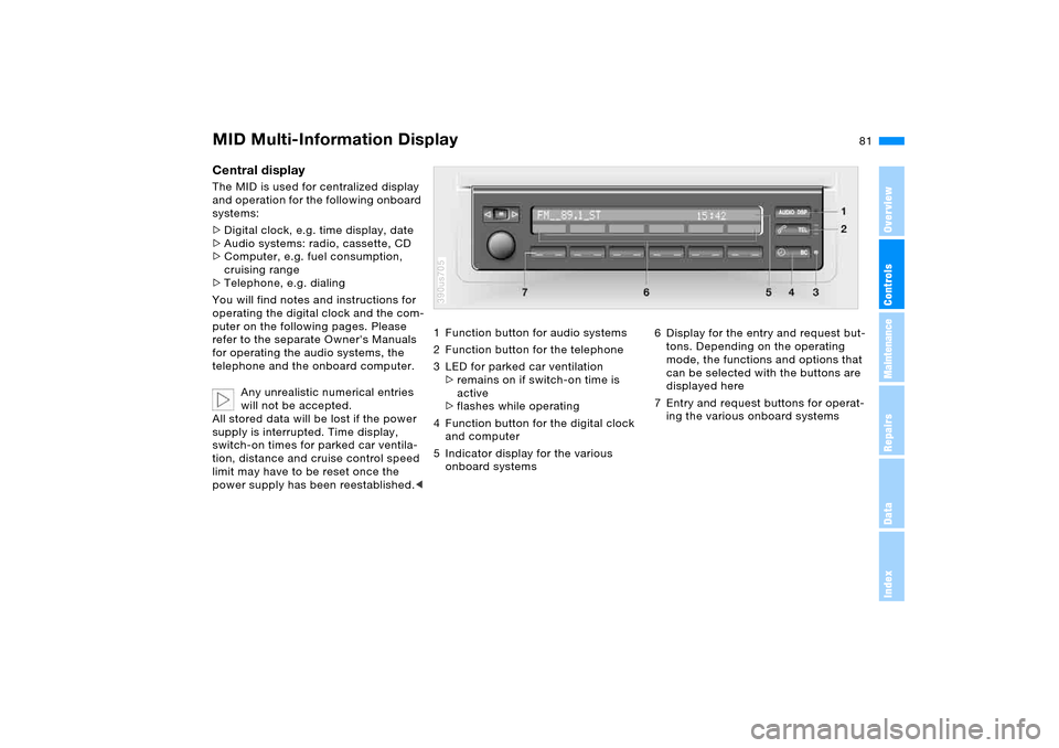 BMW X5 3.0I 2006 E53 Owners Manual 81n
OverviewControlsMaintenanceRepairsDataIndex
MID Multi-Information Display Central display The MID is used for centralized display 
and operation for the following onboard 
systems:
>Digital clock,