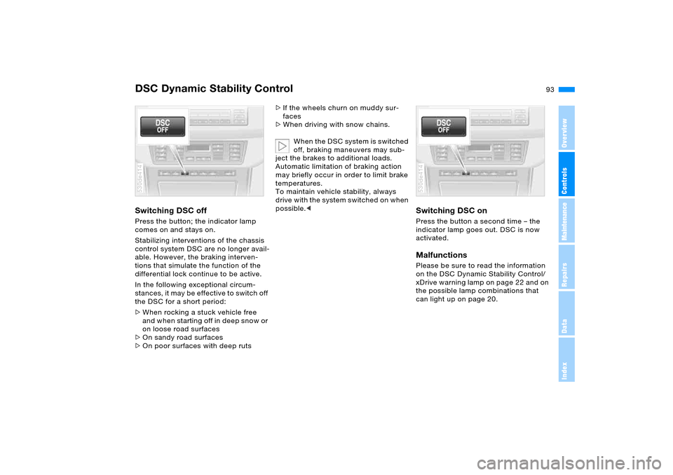 BMW X5 3.0I 2006 E53 Owners Guide 93n
OverviewControlsMaintenanceRepairsDataIndex
DSC Dynamic Stability ControlSwitching DSC offPress the button; the indicator lamp 
comes on and stays on. 
Stabilizing interventions of the chassis 
co