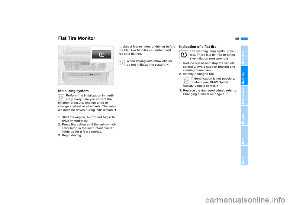 BMW X5 3.0I 2006 E53 Owners Guide 99n
OverviewControlsMaintenanceRepairsDataIndex
Flat Tire MonitorInitializing system 
Perform the initialization immedi-
ately every time you correct the 
inflation pressure, change a tire or 
change 