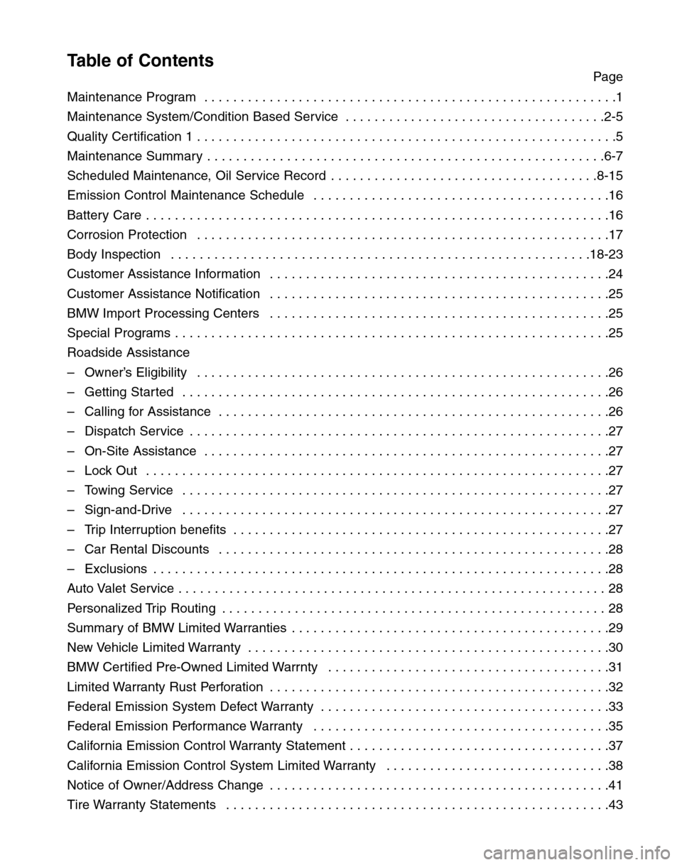 BMW 5 SERIES 2004 E60 Service and warranty information Table of ContentsPage
Maintenance Program . . . . . . . . . . . . . . . . . . . . . . . . . . . . . . . . . . . . . . . . . . . . . . . . . . . . . . . . .1
Maintenance System/Condition Based Service BMW 5 SERIES 2004 E60 Service and warranty information Table of ContentsPage
Maintenance Program . . . . . . . . . . . . . . . . . . . . . . . . . . . . . . . . . . . . . . . . . . . . . . . . . . . . . . . . .1
Maintenance System/Condition Based Service