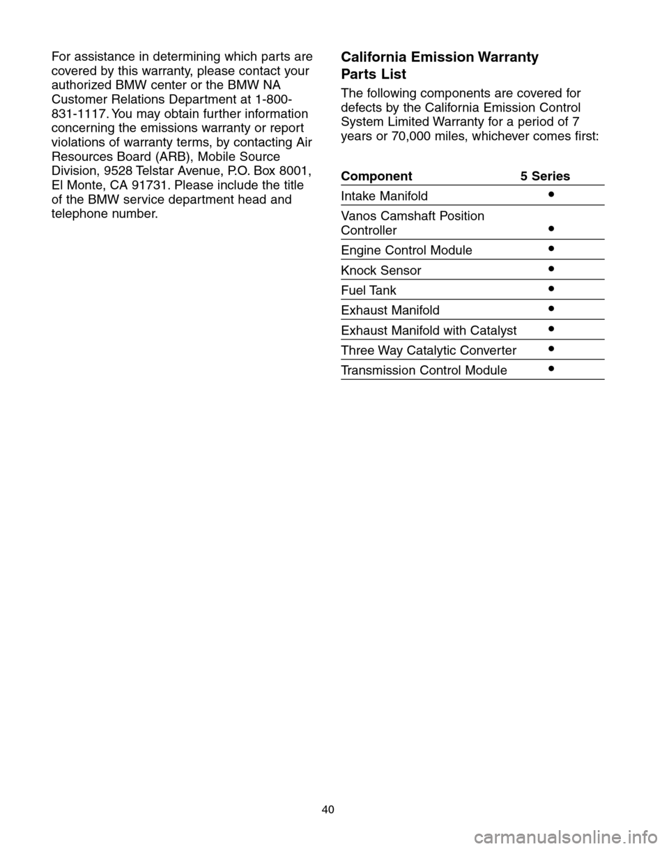 BMW 5 SERIES 2004 E60 Service and warranty information For assistance in determining which parts are
covered by this warranty, please contact your
authorized BMW center or the BMW NA
Customer Relations Department at 1-800-
831-1117. You may obtain further BMW 5 SERIES 2004 E60 Service and warranty information For assistance in determining which parts are
covered by this warranty, please contact your
authorized BMW center or the BMW NA
Customer Relations Department at 1-800-
831-1117. You may obtain further