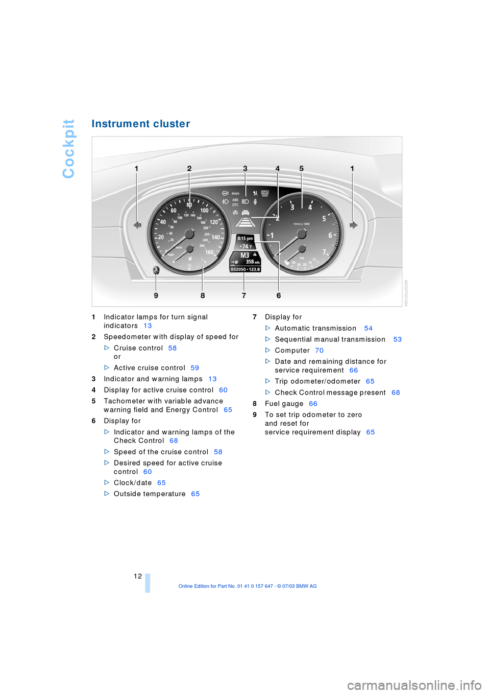 BMW 545I SEDAN 2004 E60 Owners Manual Cockpit
12
Instrument cluster 
1Indicator lamps for turn signal 
indicators13 
2Speedometer with display of speed for 
>Cruise control58 
or 
>Active cruise control59 
3Indicator and warning lamps13 
