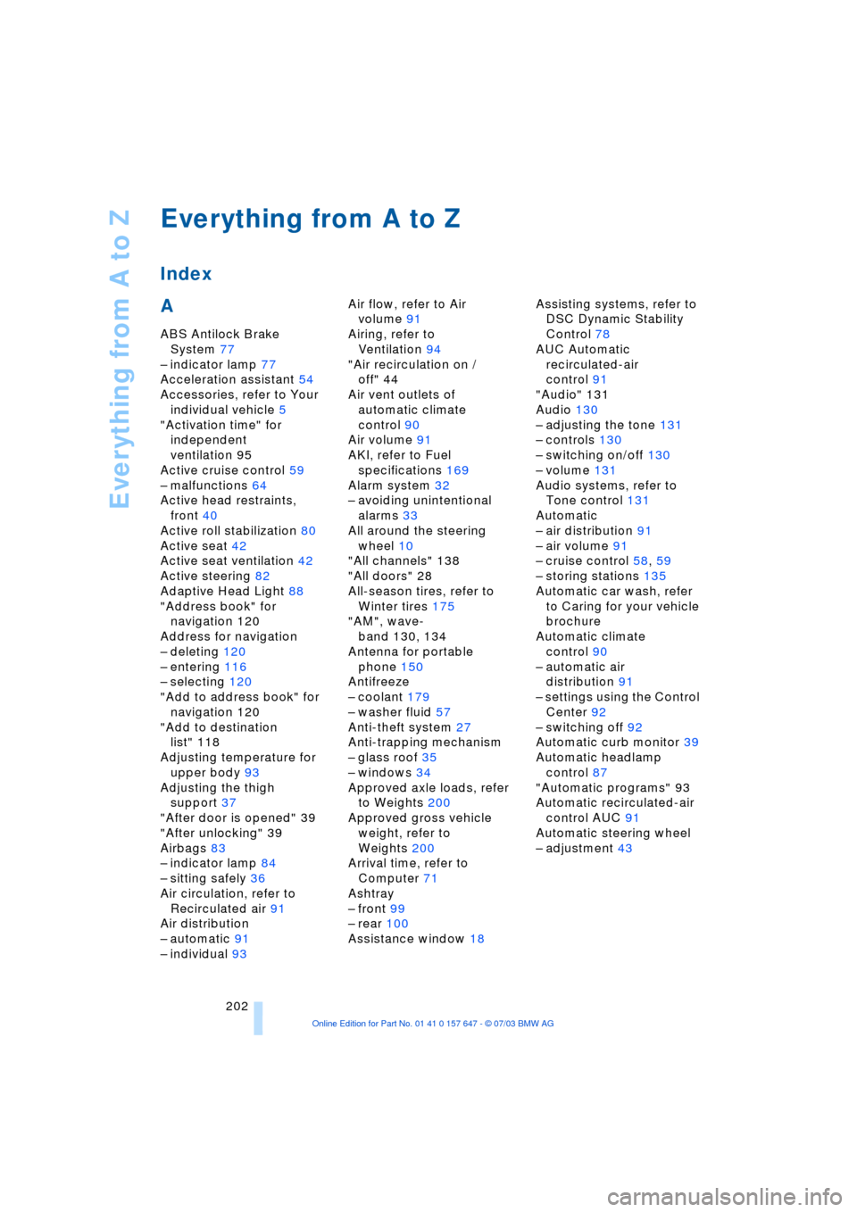 BMW 530I SEDAN 2004 E60 Service Manual Everything from A to Z
202
Everything from A to Z
Index
A
ABS Antilock Brake 
System 77
Ð indicator lamp 77
Acceleration assistant 54
Accessories, refer to Your 
individual vehicle 5
"Activation time