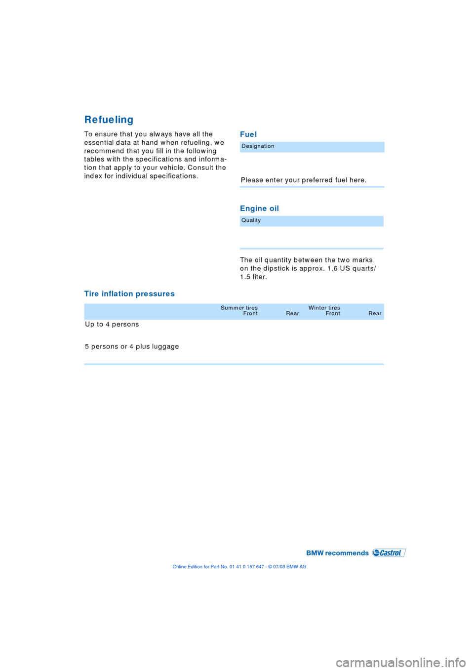 BMW 545I SEDAN 2004 E60 Owners Manual Refueling
To ensure that you always have all the
essential data at hand when refueling, we
recommend that you fill in the following
tables with the specifications and informa-
tion that apply to yo BMW 545I SEDAN 2004 E60 Owners Manual Refueling
To ensure that you always have all the
essential data at hand when refueling, we
recommend that you fill in the following
tables with the specifications and informa-
tion that apply to yo