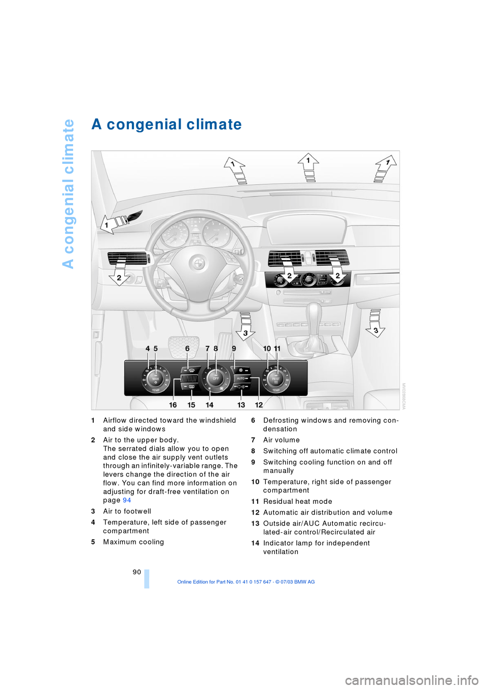 BMW 530I SEDAN 2004 E60 Owners Manual A congenial climate
90
A congenial climate 
1Airflow directed toward the windshield 
and side windows 
2Air to the upper body. 
The serrated dials allow you to open 
and close the air supply vent outl