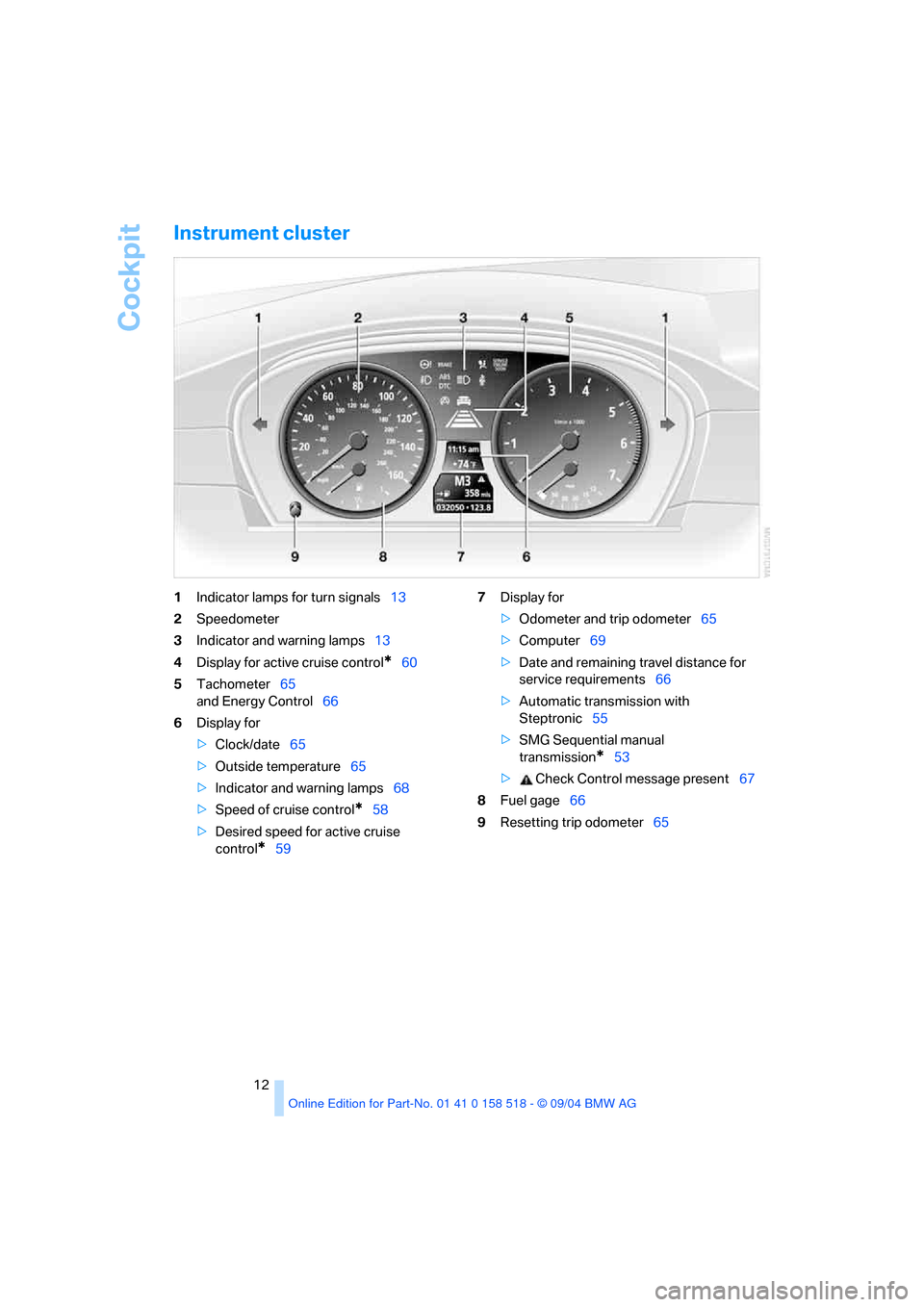 BMW 525I SEDAN 2005 E60 Owners Manual Cockpit
12
Instrument cluster 
1Indicator lamps for turn signals13
2Speedometer
3Indicator and warning lamps13
4Display for active cruise control
*60
5Tachometer65
and Energy Control66
6Display for 
>