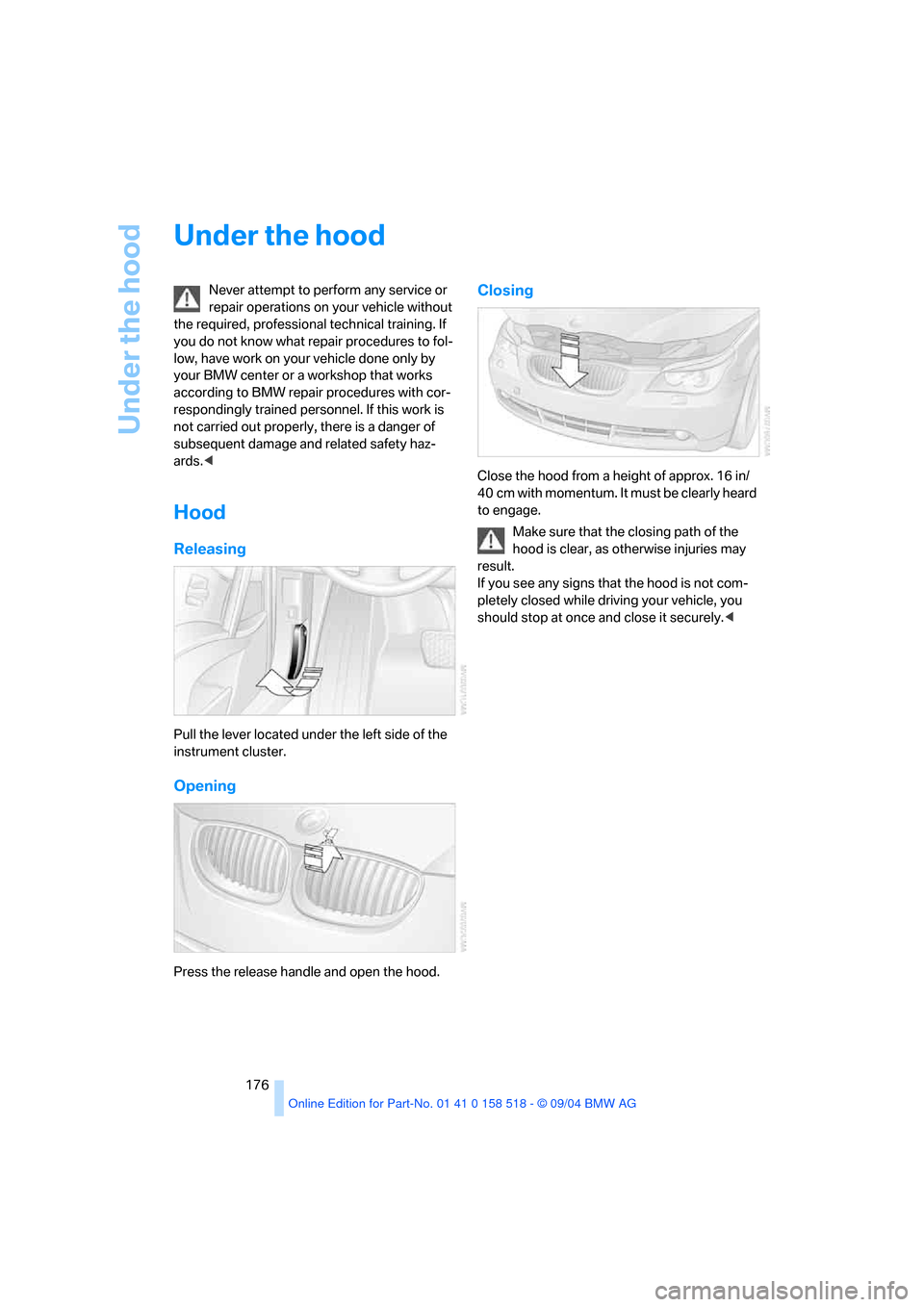 BMW 545I SEDAN 2005 E60 Owners Manual Under the hood
176
Under the hood
Never attempt to perform any service or
repair operations on your vehicle without
the required, professional technical training. If
you do not know what repair pro BMW 545I SEDAN 2005 E60 Owners Manual Under the hood
176
Under the hood
Never attempt to perform any service or
repair operations on your vehicle without
the required, professional technical training. If
you do not know what repair pro