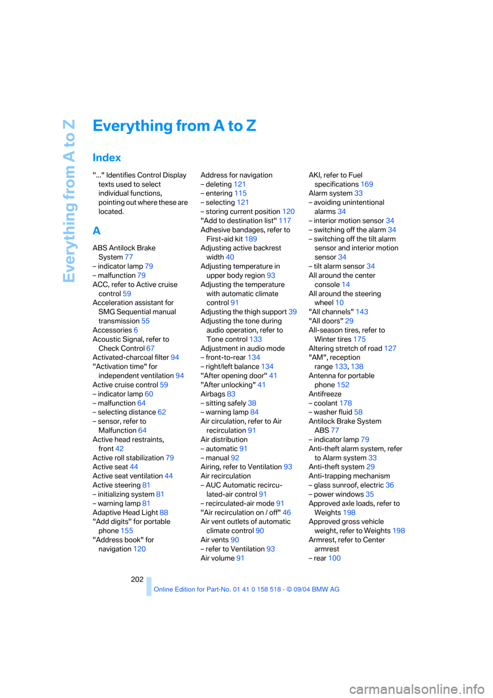 BMW 545I SEDAN 2005 E60 Owners Manual Everything from A to Z
202
Everything from A to Z
Index
"..." Identifies Control Display 
texts used to select 
individual functions, 
pointing out where these are 
located.
A
ABS Antilock Brake 
Syst