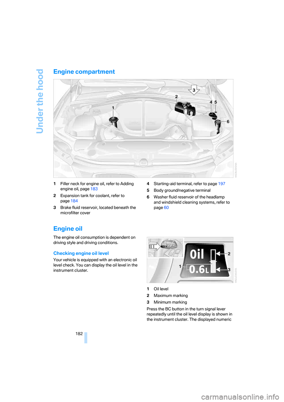BMW M5 SEDAN 2006 E60 Owners Manual Under the hood
182
Engine compartment
1Filler neck for engine oil, refer to Adding 
engine oil, page183
2Expansion tank for coolant, refer to 
page184
3Brake fluid reservoir, located beneath the 
micr