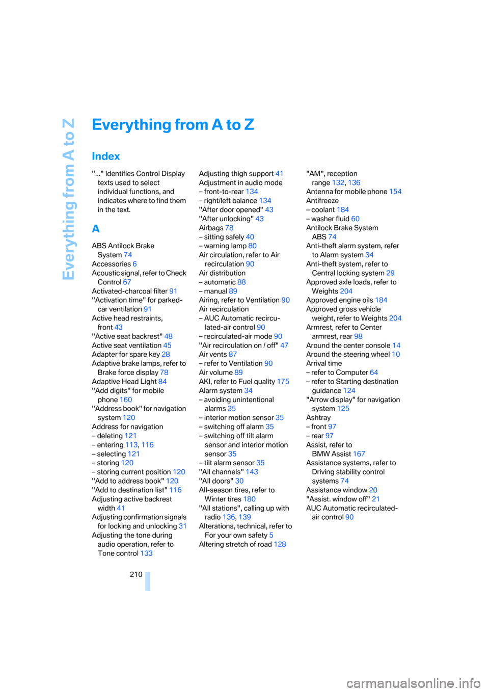BMW M5 SEDAN 2006 E60 Owners Manual Everything from A to Z
210
Everything from A to Z
Index
"..." Identifies Control Display 
texts used to select 
individual functions, and 
indicates where to find them 
in the text.
A
ABS Antilock Bra