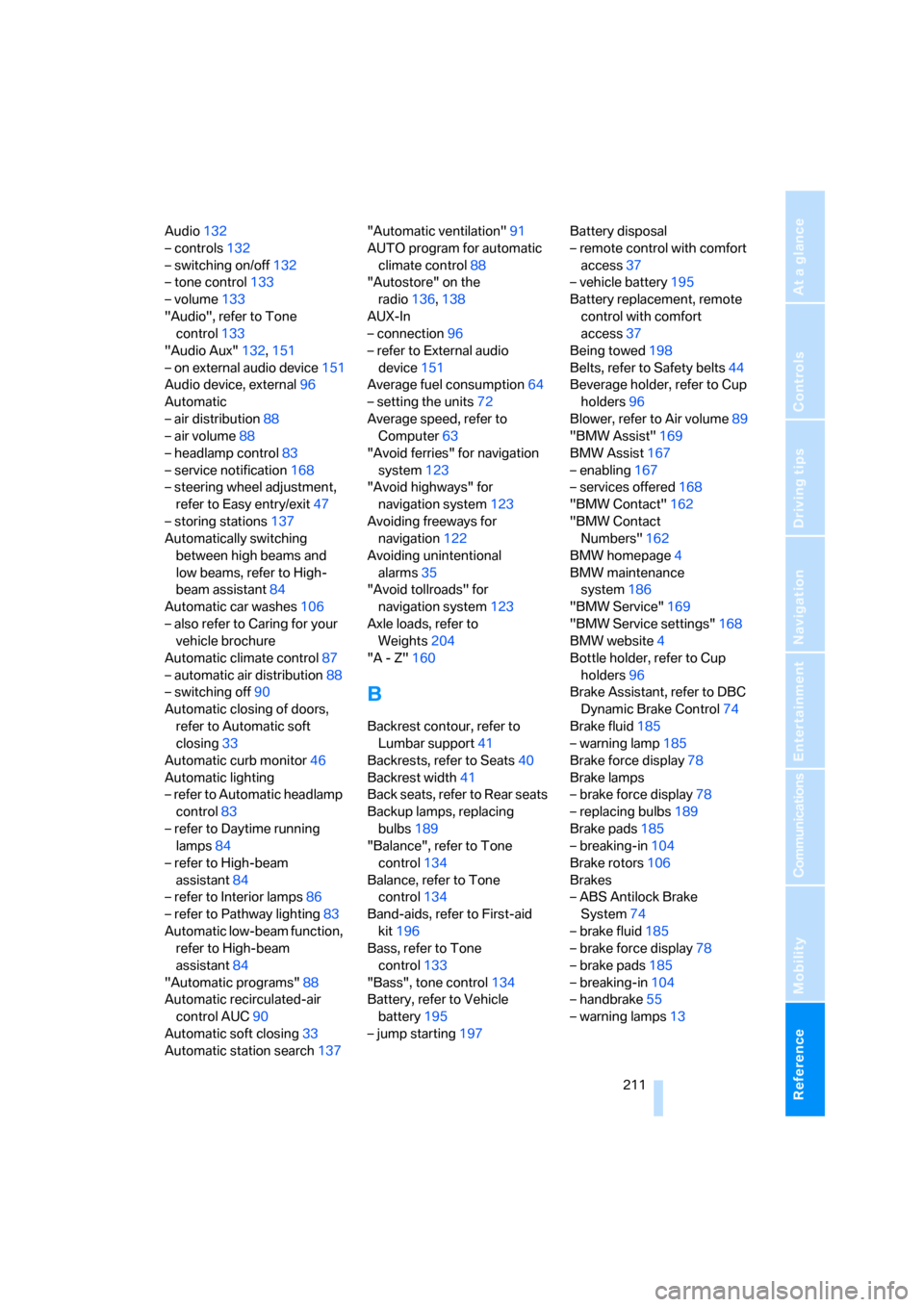 BMW M5 SEDAN 2006 E60 Owners Manual Reference 211
At a glance
Controls
Driving tips
Communications
Navigation
Entertainment
Mobility
Audio132
– controls132
– switching on/off132
– tone control133
– volume133
"Audio", refer to To