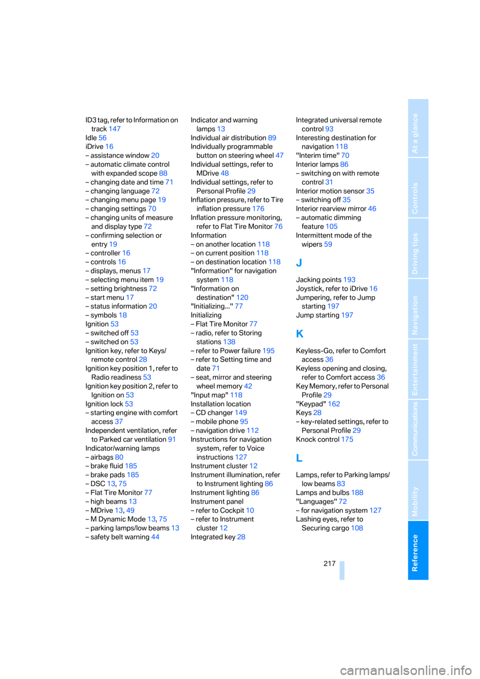 BMW M5 SEDAN 2006 E60 Owners Manual Reference 217
At a glance
Controls
Driving tips
Communications
Navigation
Entertainment
Mobility
ID3 tag, refer to Information on 
track147
Idle56
iDrive16
– assistance window20
– automatic climat