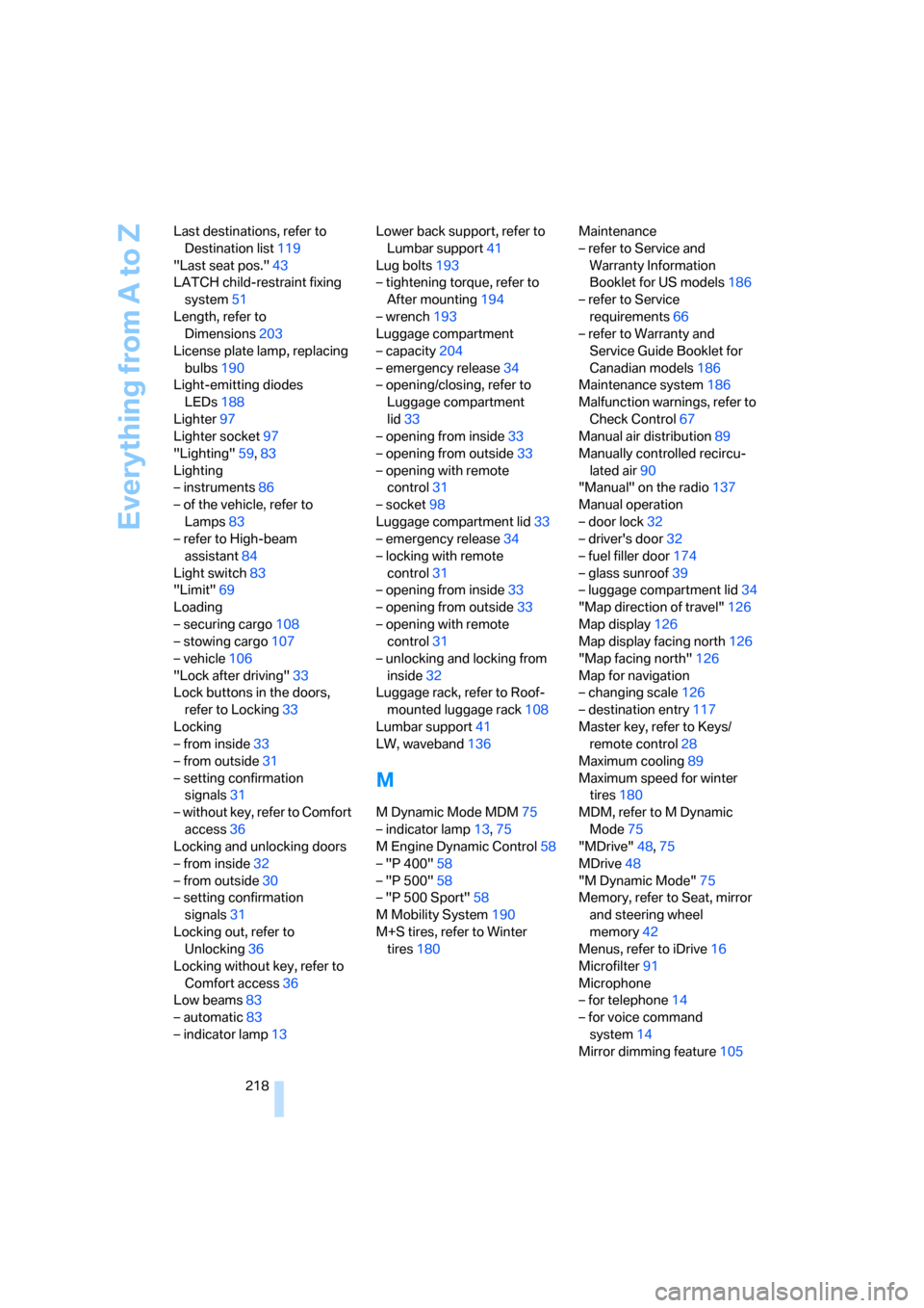 BMW M5 SEDAN 2006 E60 User Guide Everything from A to Z
218 Last destinations, refer to 
Destination list119
"Last seat pos."43
LATCH child-restraint fixing 
system51
Length, refer to 
Dimensions203
License plate lamp, replacing 
bul
