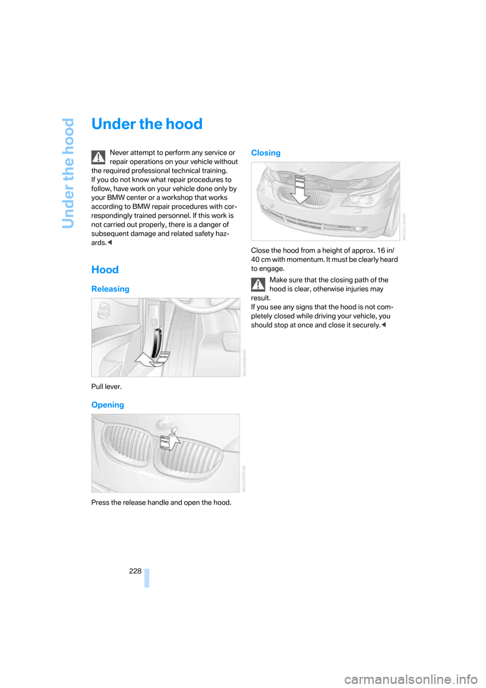 BMW 535I SEDAN 2007 E60 Owners Manual Under the hood
228
Under the hood
Never attempt to perform any service or 
repair operations on your vehicle without 
the required professional technical training. 
If you do not know what repair proc