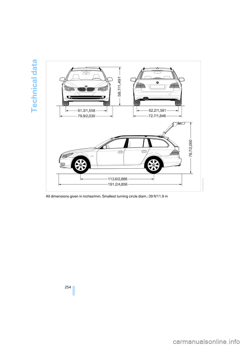 BMW 528XI SEDAN 2007 E60 Owners Manual Technical data
254
All dimensions given in inches/mm. Smallest turning circle diam.: 39 ft/11.9 m 