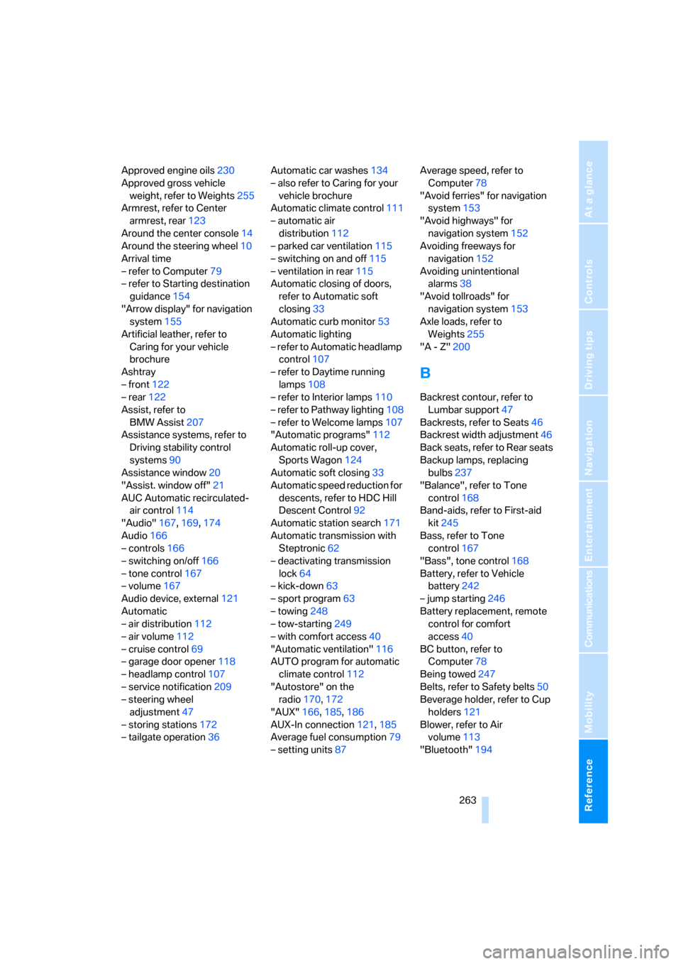 BMW 528I SEDAN 2007 E60 Service Manual Reference 263
At a glance
Controls
Driving tips
Communications
Navigation
Entertainment
Mobility
Approved engine oils230
Approved gross vehicle 
weight, refer to Weights255
Armrest, refer to Center 
a