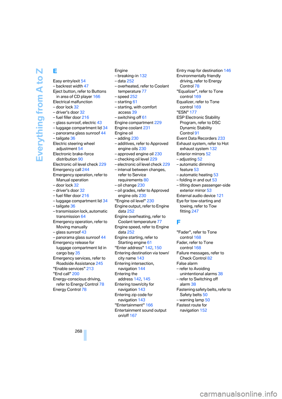 BMW 528I SEDAN 2007 E60 Service Manual Everything from A to Z
268
E
Easy entry/exit54
– backrest width47
Eject button, refer to Buttons 
in area of CD player166
Electrical malfunction
– door lock32
– drivers door32
– fuel filler d